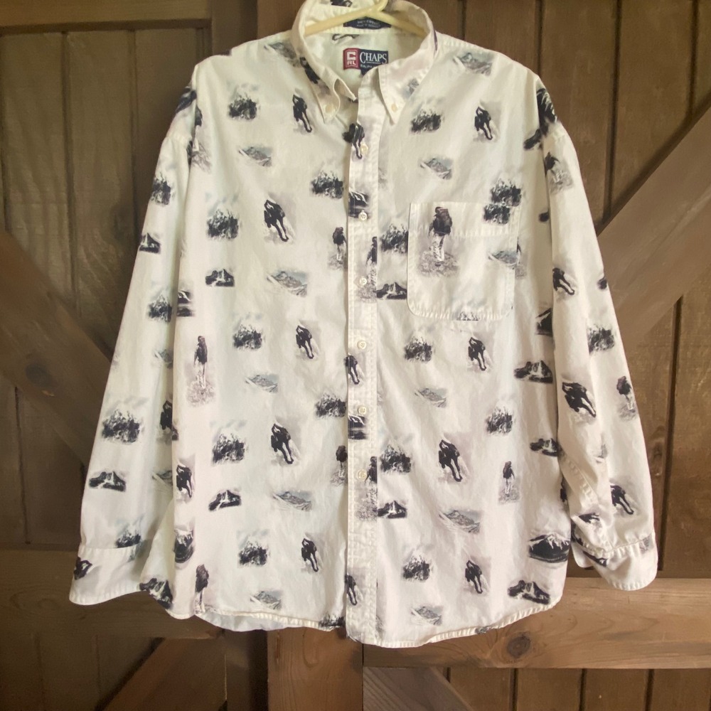 Chaps Ralph Lauren Button Down Shirt Mens XL White Mountain Hiker Print E